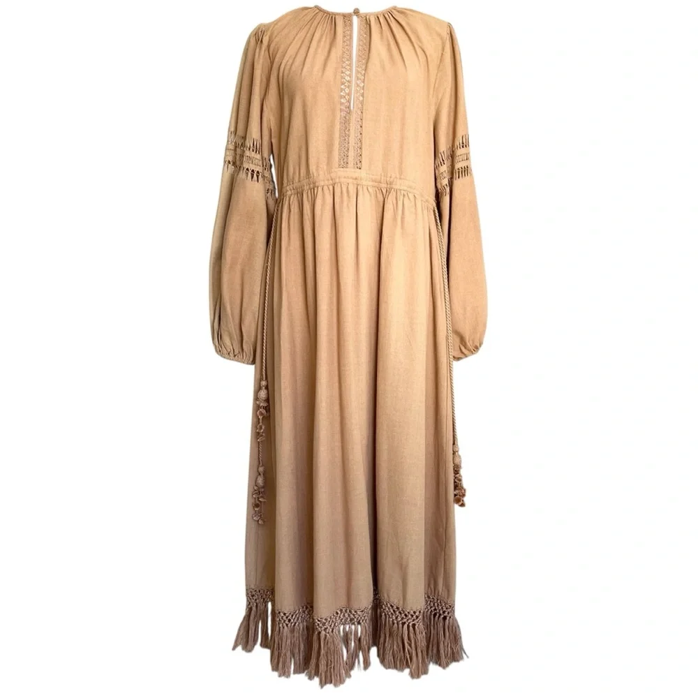 Ulla Johnson Kalea 100% Raw Silk Knit Long Sleeve Midi Dress Brown Beige Tan 4 S - Picture 2 of 11